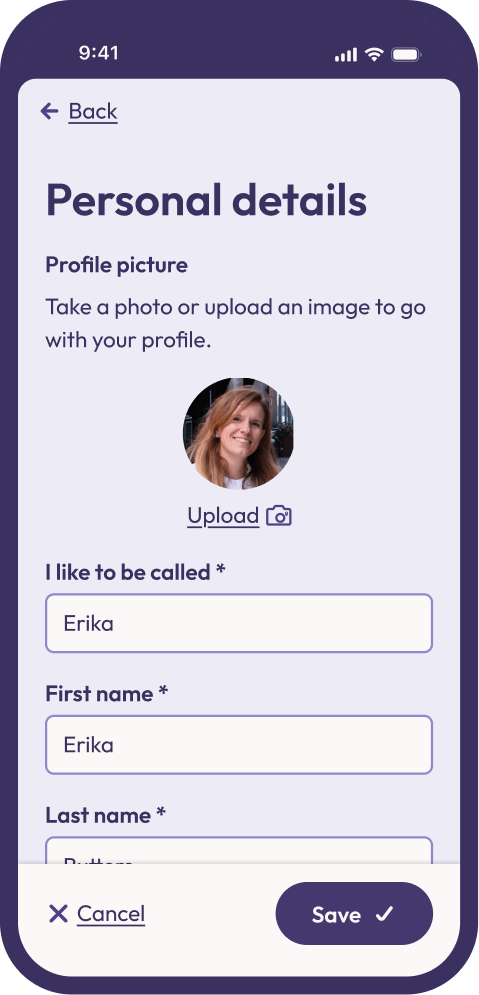 Personal details screen on iPhone