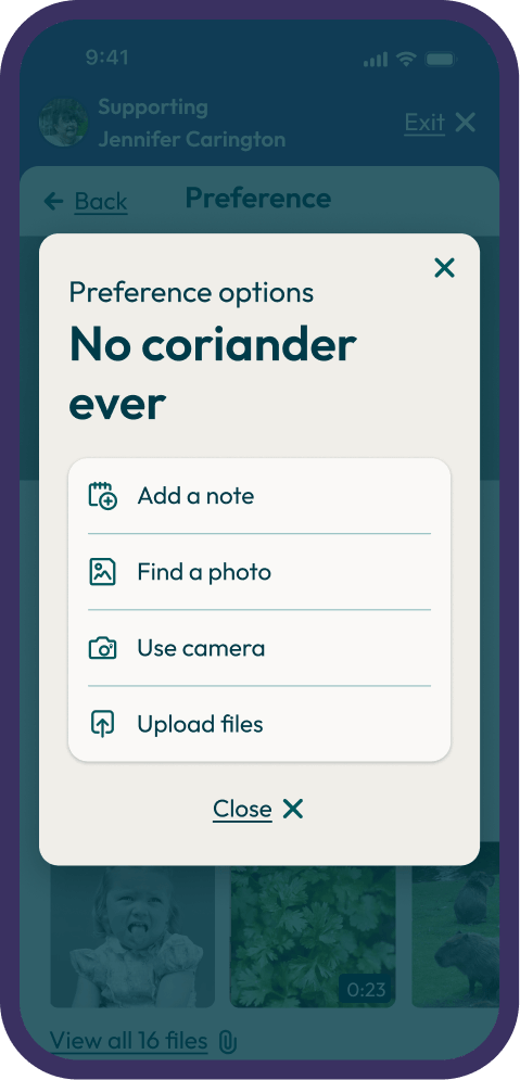 Options dialog showing Add a note, Find a photo, Use camera and Upload files