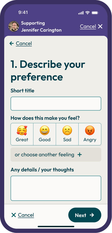 Step 1 — Describe your preference, with fields for a title, feeling, and details