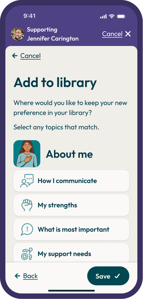 Add to library — choosing topics to categorise the new preference