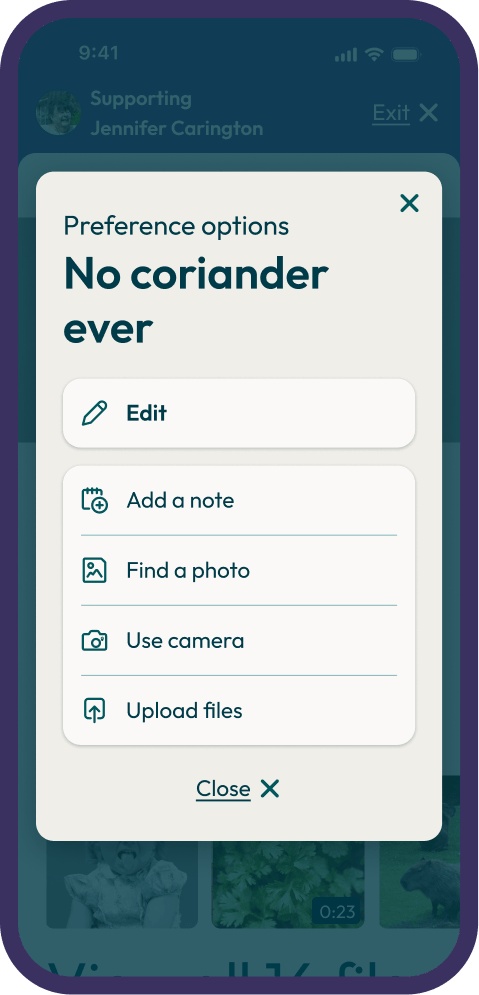 Preference options dialog showing Edit, Add a note, Find a photo, Use camera, and Upload files