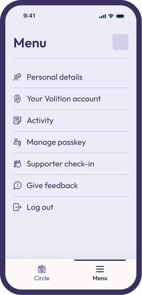 Menu screen showing account options including Personal details