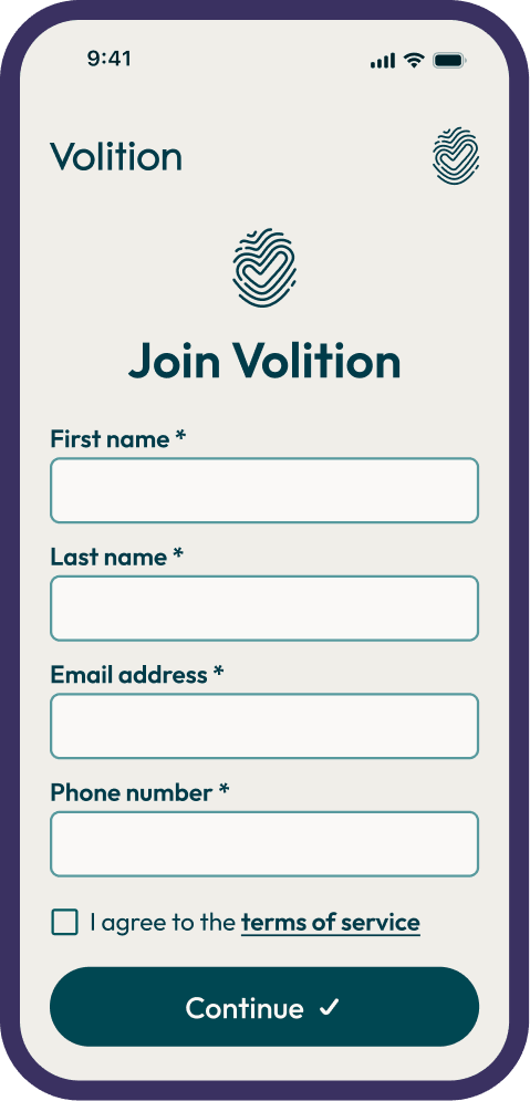 Join Volition registration screen on iPhone