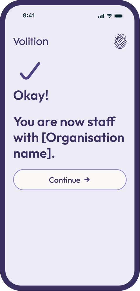Registration confirmation — you are now connected with your organisation