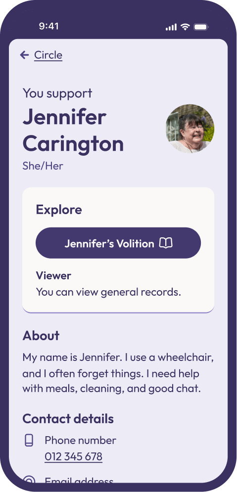 Decision Maker's supporter profile in Volition, showing the 'Jennifer's Volition' button to start a support session